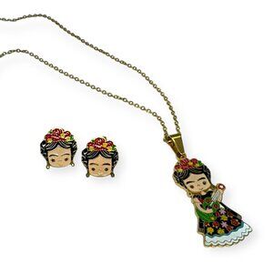 Gold Tone & Multicoloured Pendant Necklace and Pierced Earrings Set Latin Girl